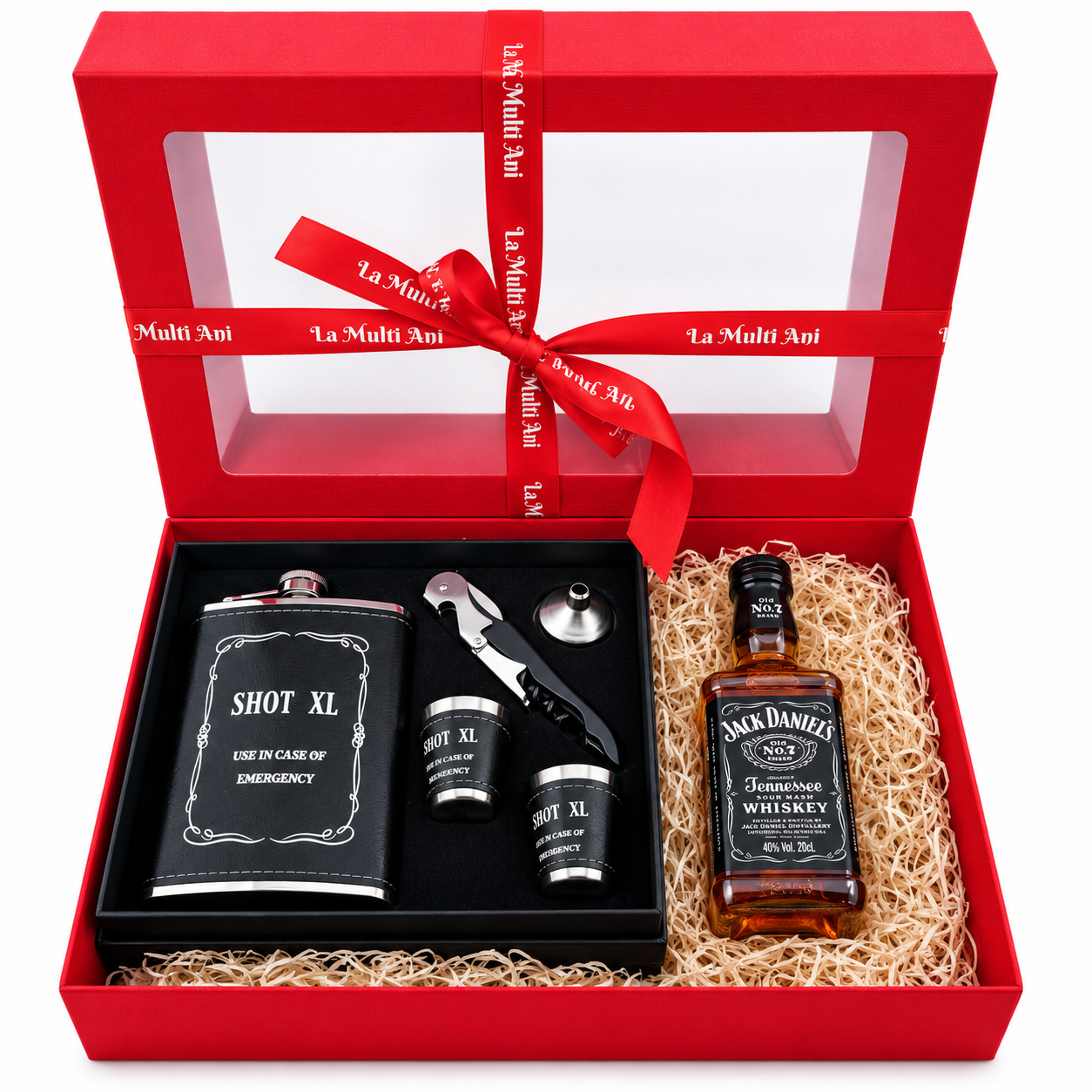 Pachet cadou pentru bărbați „La Mulți Ani” – cu Set Cadou Premium Bărbați – Ploscă Inox XL și Păhărele “Shot XL”, Accesoriu multifunctional, Whiskey Jack Daniel’s Old No. 7 (20cl)